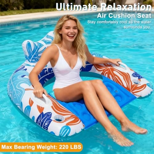 BSIEZC Pool Floats, Inflatable Pool Floats Adult & Kids 3 Packs, U-Shaped Water Floating Lounger with Headrest, Cup Holders, Handles, 3 Chambers, Portable Pool Float Chair for Summer Beach Pool Party - Thumbnail 5