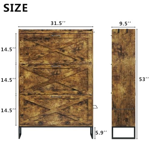 HUAHUU Shoe Cabinet with 3 Flip Drawers, Freestanding Shoe Storage Cabinet for Entryway with Adjustable Shelf, Hidden Wood Shoe Cabinets for Hallway, Living Room, Rustic Brown - Thumbnail 2