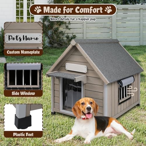 Ketive Dog House Outdoor Weatherproof,Wooden DogHouses for Medium Small Dogs, Indoor & Outdoor with Anti-Chewing Iron Frame, Ventilated Window, Easy Assemble, 26" L x 32" W x32 H - Thumbnail 5