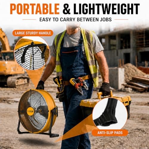 T-SUN 16" Cordless Battery Powered Fan Compatible with Dewalt 20V Max Battery, 360 Vertical Tilt, Metal Blade, High Velocity Portable Floor Fan for Garage, Jobsite, Workshop, Outdoor, Camping - Thumbnail 6