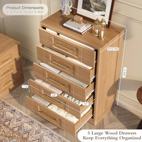 RECHHX Farmhouse 5 Drawers Dresser for Bedroom, 44" Tall Modern Chest of Drawers, Wooden Thermoformed Curved Dresser Organizer for Bedroom, Living Room, Natural Oak - Thumbnail 5