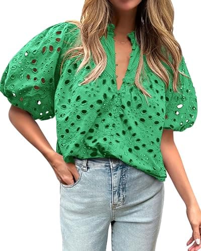 BTFBM Womens Blouses Summer Hollow Out Eyelet Embroidery Tops V Neck Buttons Puff Sleeve Boho Shirts Spring Fashion 2026(Green, Medium) - Image 1
