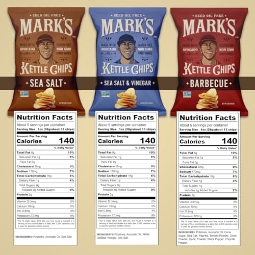 MARK’S Kettle Cooked Avocado Oil Potato Chips, Variety Pack – Gluten Free and Seed Oil Free | 3-Flavor Variety Pack, 5 oz (Pack of 3) | Gluten Free, Non-GMO Chips for Clean & Healthy Snacking - Thumbnail 2