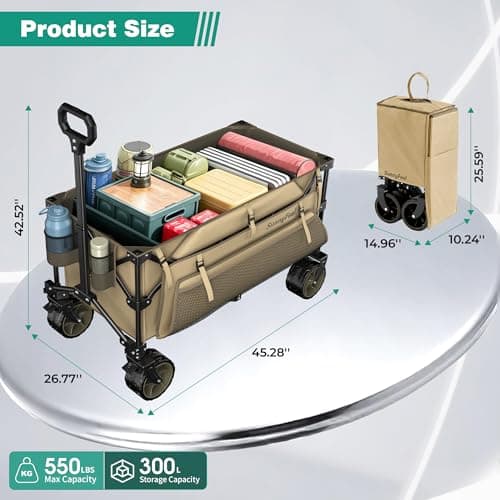 SUNNYFEEL 300L Collapsible Wagon - 550LBS Heavy Duty with Big All-Terrain Wheels Wagon Cart Foldable, Utility Folding Cart for Camping, Grocery, Shopping, Beach, Outdoor Activities, Khaki - Thumbnail 3