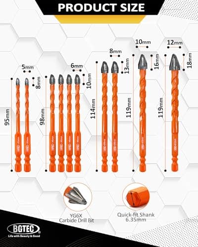 Masonry Drill Bit Set BGTEC - 10PCS 3/16" - 1/2" Carbide Eccentric Drill Bit for Masonry/Brick/Concrete/Tile/Glass/Wood/Plastic/Marble - Thumbnail 2