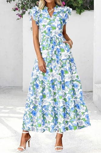 dowerme Women Summer Maxi Dresses 2026 Ruffle Sleeve V Neck Floral Boho Long Dress Belted Tiered Sundress with Pockets(Floral White Multicolored,XX-Large) - Thumbnail 4