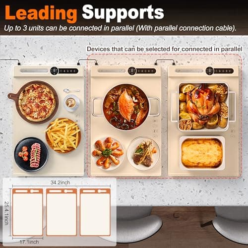 MUALIK Warming Mats for Food Countertop, Roll-UP 2 Pack Fast Heating Tray Silicone with 7 Level Temperature, 2 Zone and 3 Pad Parallel Expandable, Automatic On-Off Timer Setting (Beige-2 pcs, wcb2) - Thumbnail 3