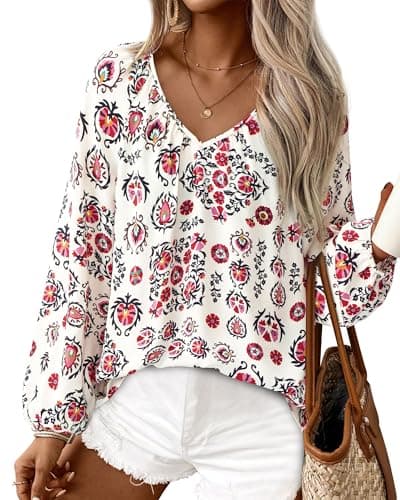 Zenlonr Womens Fall Tops Dressy Casual 2025 V Neck Satin Silk Printed Shirts Boho Long Sleeve Work Blouses(White Red Flower,Medium) - Image 1