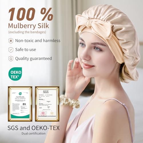 SILMANA Silk Bonnet for Sleeping Women, 22 Momme 100% Mulberry Silk Sleep Cap with 2 Matching Silk Scrunchies, Double-Sided Wearable Hair Bonnet for Night Hair Care and All Hair Types - Light Gold - Thumbnail 2