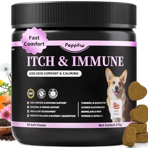 POPPAW Itch Relief for Dogs - Turmeric Supplements for Itching Skin Comfort & Coat Health & Seasonal Allergy Care, Immune Support Supplement with Omega-3 Fish Oil, Biotin - Beef Flavor - 90 Count - Image 1