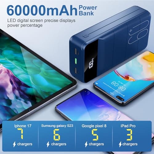 Portable Charger Power Bank 60000mAh Fast Charging 22.5W PD4.0 & QC 4.0 with USB C Battery Pack Charger Portable High Capacity Portable Phone Charger Power Bank for iPhone, Samsung, Travel (Blue) - Thumbnail 4