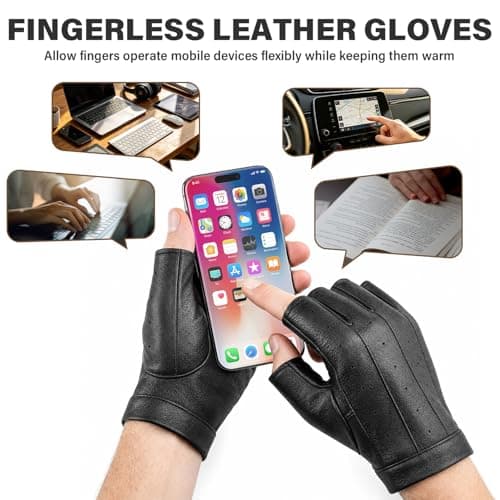 Aegend Large Sheepskin Fingerless Driving Gloves, Breathable Premium Leather Gloves, Black Motorcycle & Cycling Gloves for Men and Women - Thumbnail 2