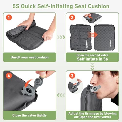 Inflatable Seat Cushion, Self Inflating Memory Foam Stadium Seat Cushion Lightweight Camping Chair Pad Airplane Cushion for Long Flights Outdoor Travel Bleacher Office Car Backpacking (Grey) - Thumbnail 4