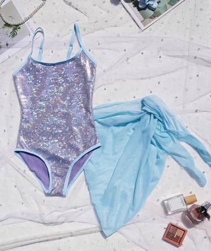 Shiny Gold Foil One-Piece Swimsuit Set for Girls 5-6 Years with Scarf Skirt | Kids Quick-Dry Swimsuit for Swimming & Beach - Thumbnail 2