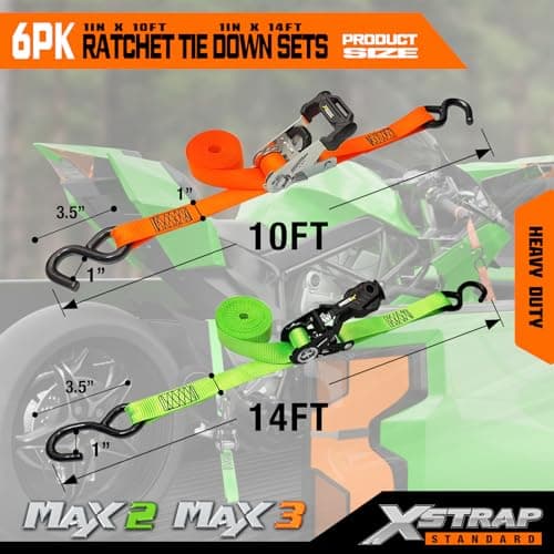 XSTRAP STANDARD 6-Pack Ratchet Tie Down Straps Set - 1 Inch 4 x 14ft & 2 x 10ft Tie-Down, 3300 lbs Break Strength Heavy Duty Cargo Straps with Coated S-Hooks for Moving, Motorcycle, Truck, Trailer - Thumbnail 4