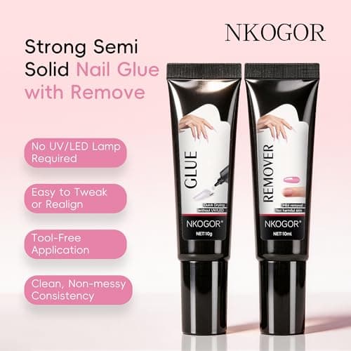 NKOGOK 20g Strong Semi Solid Nail Glue with 20g Nail Glue Remover, Press On Glue and Remover, 4 in 1 No Need UV Lamp, Quick Air Dry, Long Lasting, Strong-hold and Waterproof Bond for Manicure Home DIY - Thumbnail 2