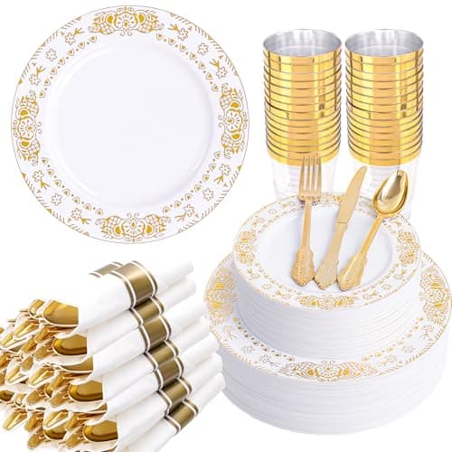 GATHER 350PCS White and Gold Plastic Plates - Gold Disposable Dinnerware Set Include 50 Dinner Plates, 50 Dessert Plates, 150 Gold Plastic Silverware, 50 Napkins, 50 Cups for Wedding & Party