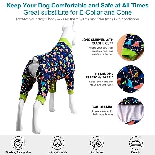 LovinPet Big Dogs PJS Onesies, Blue Triangle Print, Post Surgery Shirt, UV Protection, Pet Anxiety Relief, Wound Care Onesie for Large Dog,3XL - Thumbnail 5