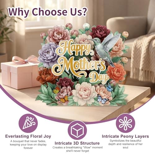 DISJOURNEY 3D Pop Up Mothers Day Card - 5-Layer Happy Mothers Day Vintage Burgundy & Pink Peony Flower Bouquet Card - Handmade Pop Up Gift for Best Mom Grandma Wife - Includes Envelope & Note Card - Thumbnail 2