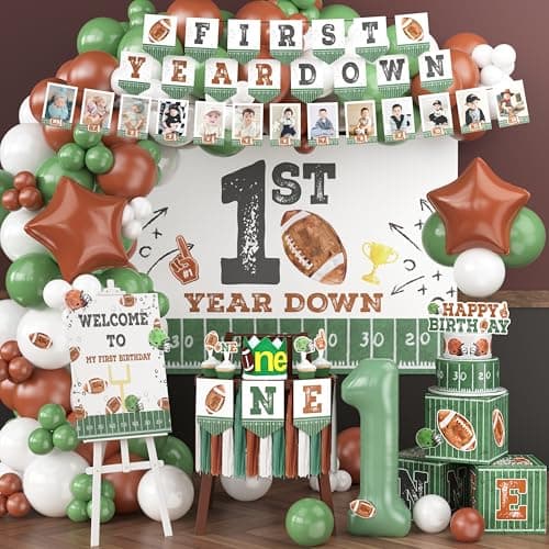 First Year Down Birthday Party Decorations, 1st Birthday Decorations Boy Includes Banner Backdrop Boxes High Chair Banner Cupcake Topper, Football Party Supplies - Image 1