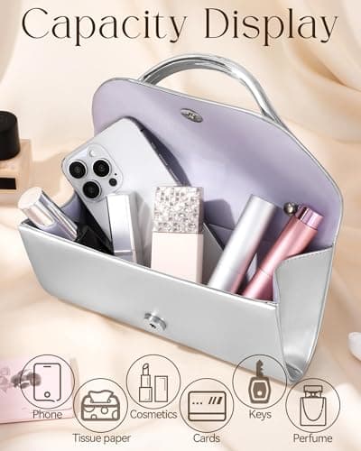 XquiziFit Evening Bag Formal Clutch Purses for Women Metal Handle Evening Clutch Women's Evening Handbags with Detachable Chain PU Leather Silver - Thumbnail 5