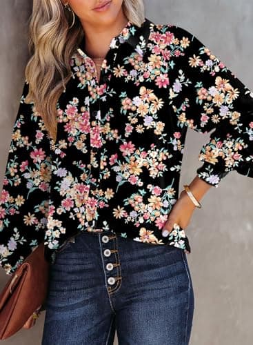 Dokotoo Womens Fall Tops for Women Long Sleeve Shirts 2026 Fashion Trendy Casual Dressy Fall Button Down Blouses T Shirts Allover Flower Print V Neck Business Work Tunic Bohemian Floral Top M Black - Thumbnail 2