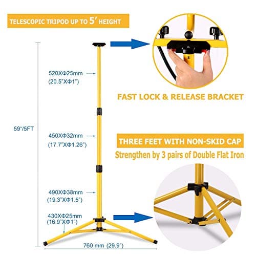 DAYATECH Adjustable Work Light Stand for LED Flood Light Up to 5 Feet Heavy Duty Portable Steel Telescopic Tripod Stand, Yellow - Thumbnail 2