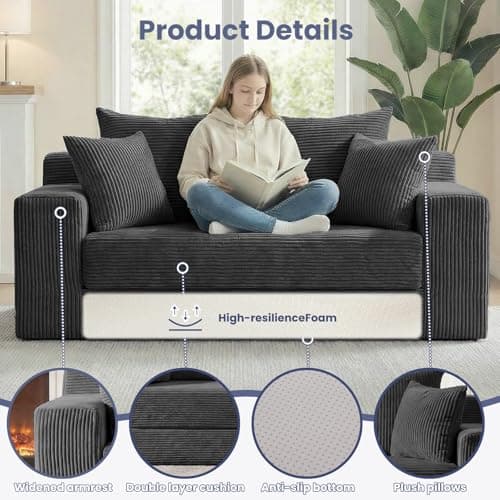 3-in-1 Convertible Sofa Bed: Boneless Loveseat Sleeper & Folding Couch Bed with 4 Pillows & Detachable Cushion for Bedroom, Small Space, Guest and Living Room, Corduroy Futon, No Assembly,Black - Thumbnail 5