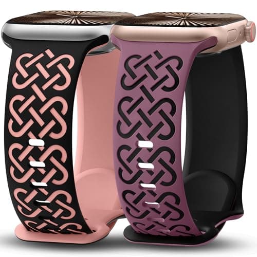 Minyee 2 Pack Engraved Bands Compatible with Apple Watch Band 42/44/45/46/49mm Women, Soft Silicone Two-Tone Celtic Sport Strap for iWatch Series 11 10 9 8 7 6 5 4 SE/Ultra 3 2 1,Black/Pink/VioletRed