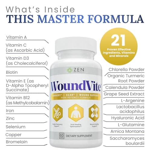 Zen Nutrients WoundVite Pre & Post Surgery Support, Scar & Wound Care, Scar Treatment, Plastic & General Surgery, Heal Faster & Aids in Recovery Time w/Bromelain, Turmeric & Arnica - 60 Vegan Caps - Thumbnail 5