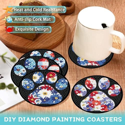 Ekuxom 8 PCS Diamond Art Coasters Kits- Paw Diamond Painting Coasters Kits with Holder Cork Pads-DIY Crystal Full Drill Rhinestone Drink Coaster for Crafts Gifts - Thumbnail 5