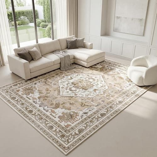 Cnythlis Extra Large Washable Area Rug Living Room Rug 9’x12’, Vintage Medallion Non Slip Water Resistant Faux Wool Carpet for Bedroom Dining Room Office, 0.26" Low Pile, Beige & Ivory - Image 1