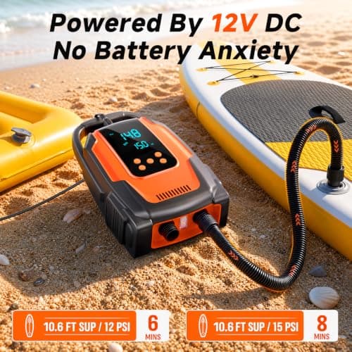 Paddle Board Electric Pump, 50 PSI High Pressure SUP Pump with Auto-Off, 12V DC Paddleboard Pump with Inflation & Deflation, 8 Nozzles Air Pump for Paddle Board, Inflatables, Kayaks, Car Tires, Orange - Thumbnail 2