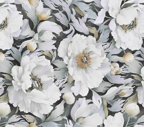 White Wallpaper Peel and Stick, Vintage Grey Peonies Floral Contact Paper 17.5" x 393.7", Retro Self Adhesive Removable Vinyl Waterproof Flower Wallpaper for Bedroom Walls Cabinet Home Decoration