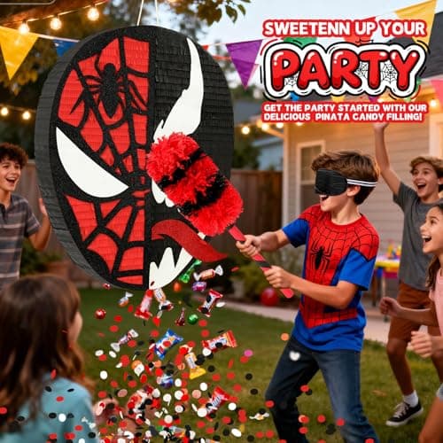 22 x 17.3“ Large Spider Pinata for Boys Birthday Party - 24" Bat Stick, Eye Mask, Rope - Sturdy & Easy to Fill Spider Web Piñata for Kids, Toddlers & Heroic Celebration Decor - Thumbnail 3