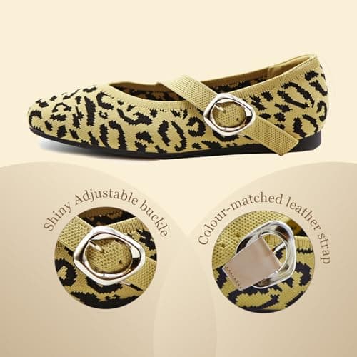 unsylvion Flats for Women Square Toe Ballet Flats with Ankle Strap Stylish Mary Jane Shoes Comfortable Casual Footwear Perfect for Everyday Wear Leopard - Thumbnail 4