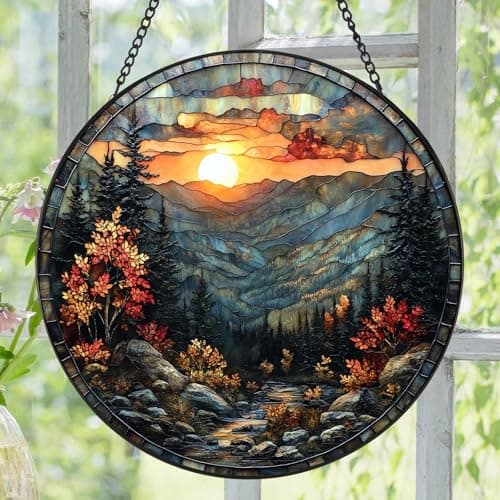 Zizzie Stained Glass Mountain River Suncatcher - 7.9" Real Glass Autumn Landscape Sunset Window Hanging, Weatherproof Rustic Cabin Lodge Decor, Nature Lover Memorial Gift for Dad Mom Men - Thumbnail 2