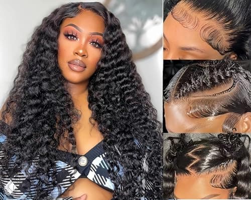 ROHANEM 13x6 Deep Wave Lace Front Wigs Human Hair, 250 Density HD Deep Curly Frontal Wig for Women, Natural Black, 26 Inch