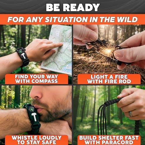 Paracord Bracelets for Men and Women – Adjustable Survival Paracord Bracelet with 11.8 ft Nylon Cord, Flint Fire Starter, Compass, Whistle & Scraper – Camping, Hiking, Fishing Gear (Black & Orange) - Thumbnail 5
