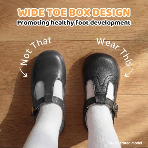 STQ Wide Toe Box Toddler Mary Jane Dress Shoes Zero Drop Girls Ballet Flats for Party School Uniform Shoe with Hook and Loops Black Infant 3 - Thumbnail 4