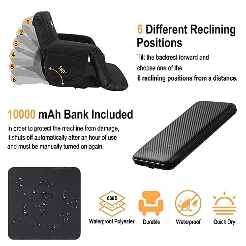 MZQLN Heated Massage Stadium Seats Pack of 2, 25 Inche Folding Bleacher Chair with 10000mAh Portable Power*2, 3 Levels of Heat&Massage, 6 Reclining Positions for Camping, Sports - Thumbnail 5