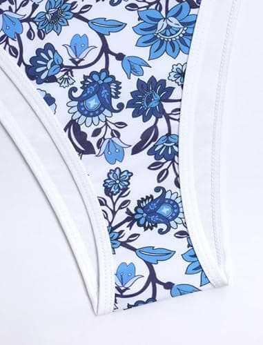 Jillumi Halter Tankini Swimsuits for Women Cute V Neck Halter Cute Bathing Suit Tie Side Thong Two Piece Swimsuit Blue White Floral M - Thumbnail 6