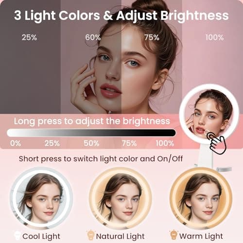 Makeup Mirror with Lights, 10X /1X Double-Sided Lighted Makeup Mirror with Magnification, Rechargeable Magnifying Mirror with 3 Color Lights, Portable Make up Mirror 3 in 1 Tabletop/Handheld/Hanging - Thumbnail 3