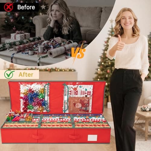 Criusia Gift Wrapping Paper Organizer Storage, Durable Underbed Storage Container Fits 24 Rolls, with Removable Dividers and Pockets for Ribbon, Ornaments, Holiday Accessories, Red - Thumbnail 2