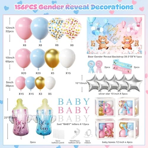 Bear Gender Reveal Baby Shower Decorations Party Kit,167pcs Pink Blue Balloon Garland Arch,Backdrop,Balloon Boxes,and Cute Gender Reveal Supplies for Boy or Girl Baby Shower,Gender Reveal Party - Thumbnail 3