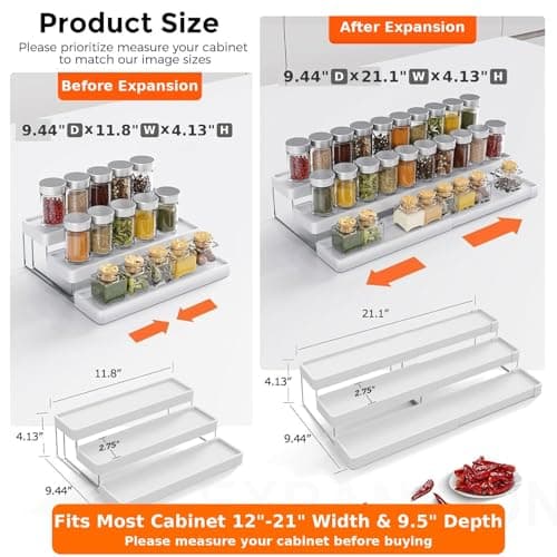 INVOCOO 2 Pack Expandable Spice Rack Organizer for Cabinet - 3 Tier Adjustable Cabinet Spice Organizer Easy Visibility - Spice Organizer for Cabinet Countertop Cupboard Pantry Organization (White) - Thumbnail 2