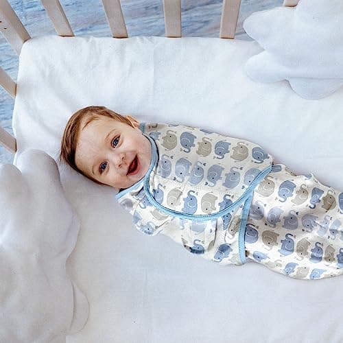 GLLQUEN BABY Swaddle Sleep Sack - 3 Pack Infant Swaddles for Newborn, Baby Swaddling Sack 0-3 Months, Ergonomic Newborn Swaddle Blanket for Baby Boy and Girl, Blue & Elephants - Thumbnail 2