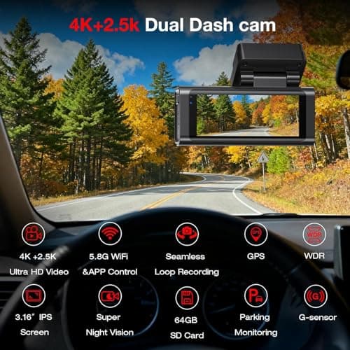 4K Dash Cam Front and Rear,Dash Camera for Cars,2 Channel Car Camera Front Rear with 5G WiFi GPS,64GB Card,3.16'' IPS Screen,G-Sensor,Loop Recording,24H Parking Monitor,Time-Lapse Recording,Max 256GB - Thumbnail 6