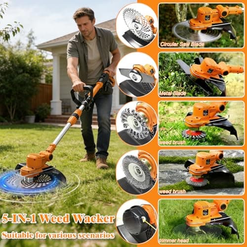 Electric Weed Wacker, Cordless Weed Eater Battery Powered, 5-in-1 String Trimmer Weedeater, 750W Brushless Motor, 2 x 4.0Ah Batteries & Charger, Grass Trimmer/Brush Cutter for Garden Lawn(Orange) - Thumbnail 3