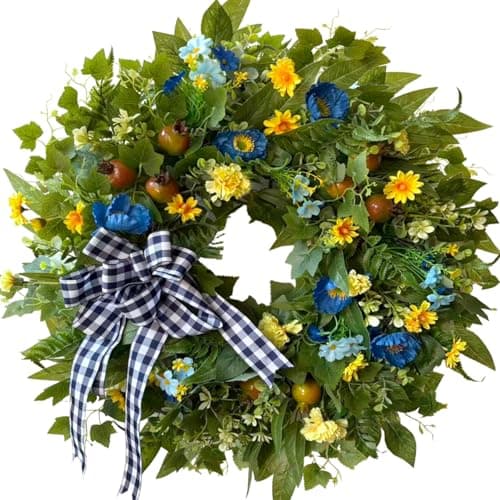 WANNA-CUL 24 Inch Year Round Spring Summer Wreaths for Front Door, Blue Yellow Floral Door Wreath with Pomegranates Daisy - All Season Decorative Wedding Wall Wreath Indoor Outdoor Farmhouse Decor - Image 1